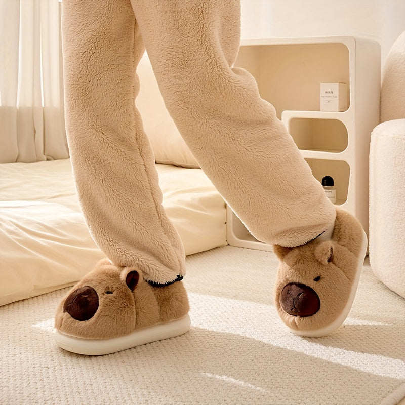 Damen Hausschuhe Beige Plüsch Capybara Design 5