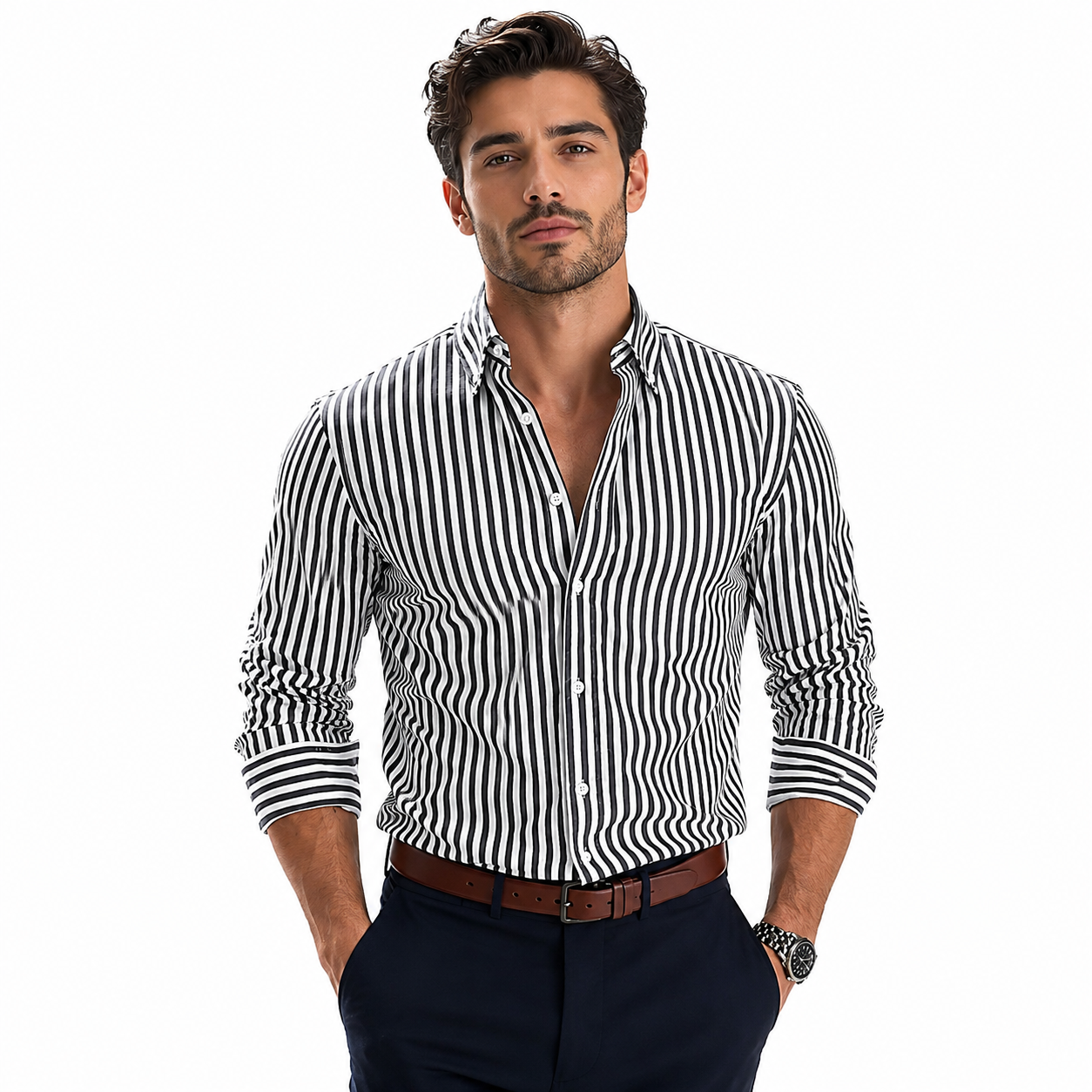 Gestreiftes Herren Langarm Slim Fit Hemd in verschiedenen Farben 2
