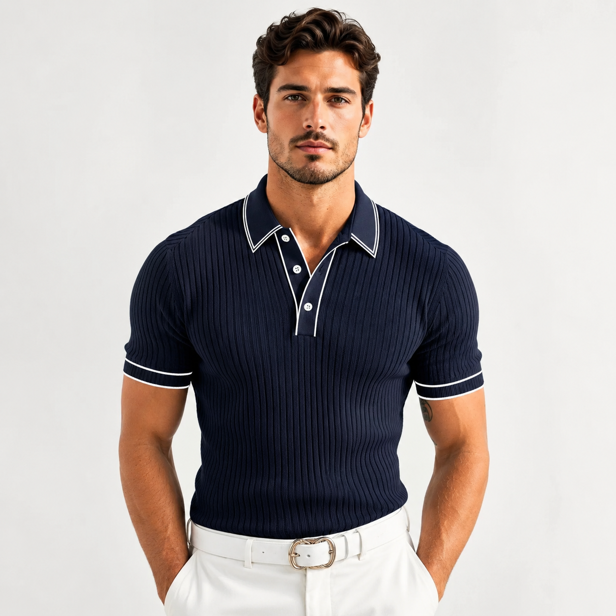 Herren Polohemd Navy mit Rippstruktur