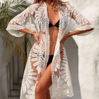 Kimono Strandkleid Weiß, Bestickte Blumen, Sommer, Damen 5