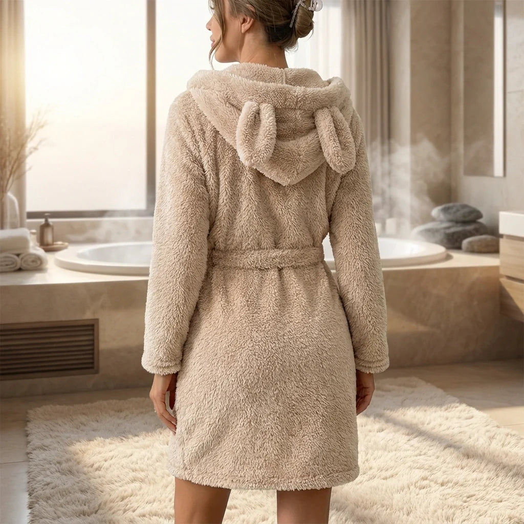 Kuscheliger Bademantel Beige mit Kapuze und Bärenohren 3