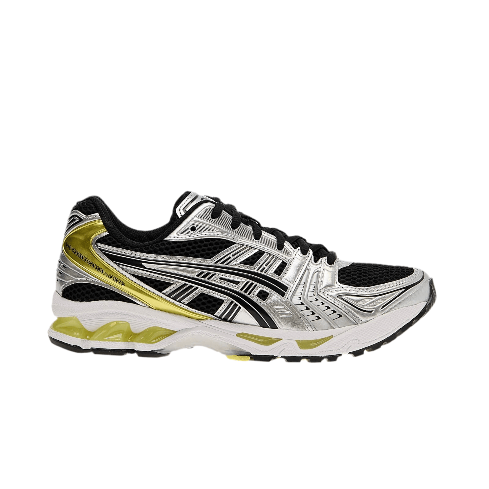ASICS Gel-Kayano 14 Schwarz Lemon Spark Sneakers für sportliche Aktivitäten.