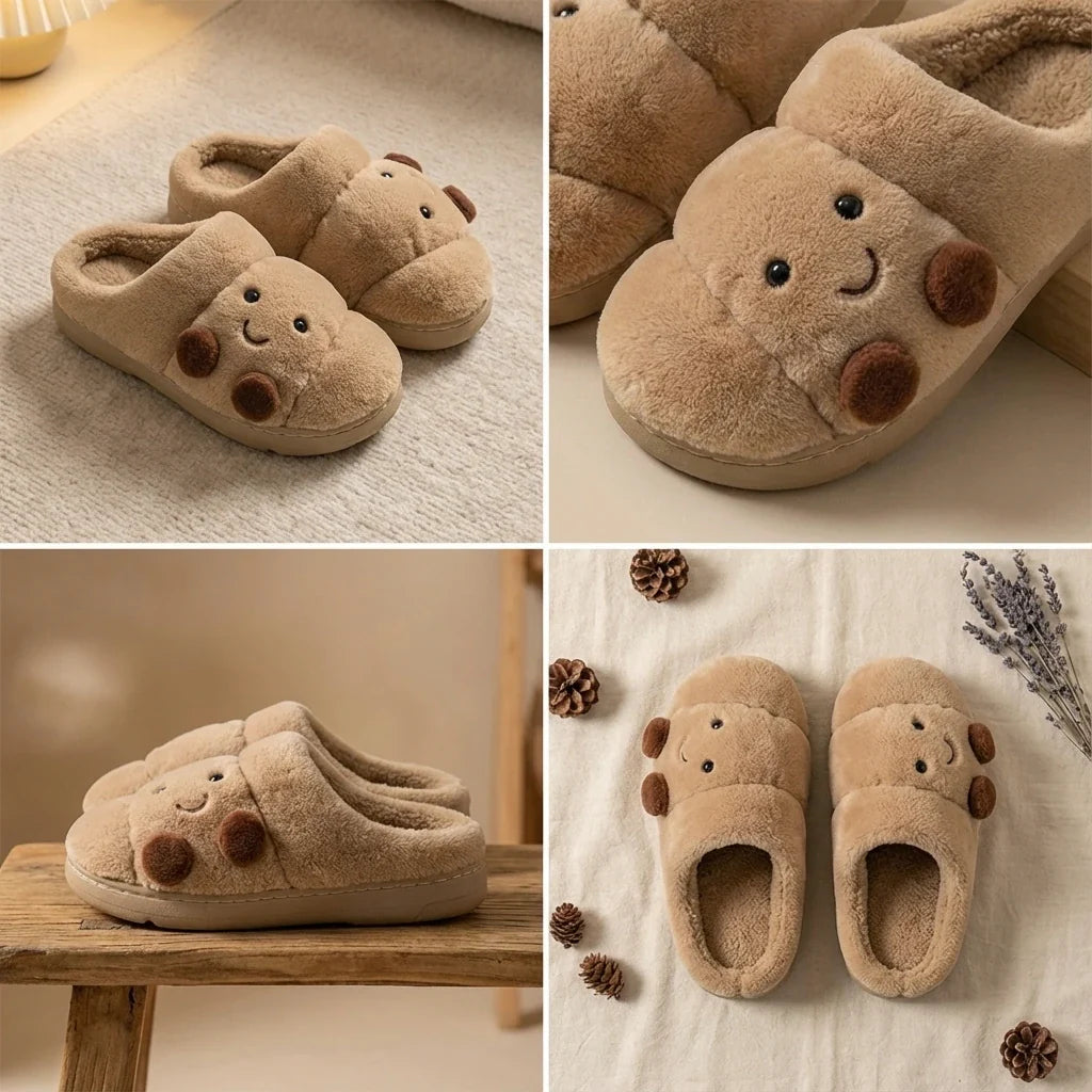 Plüsch Hausschuhe Beige im Croissant Design 3