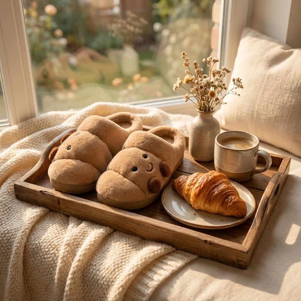 Plüsch Hausschuhe Beige im Croissant Design 7