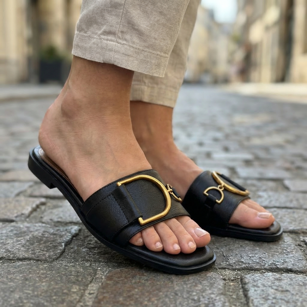 Damen Quadrat Zehen Rutsch-Sandalen mit Metallakzent für den Sommer. 10
