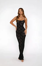Marke Spitzen-Maxikleid Figurbetont Elegant Schwarz — Main Image