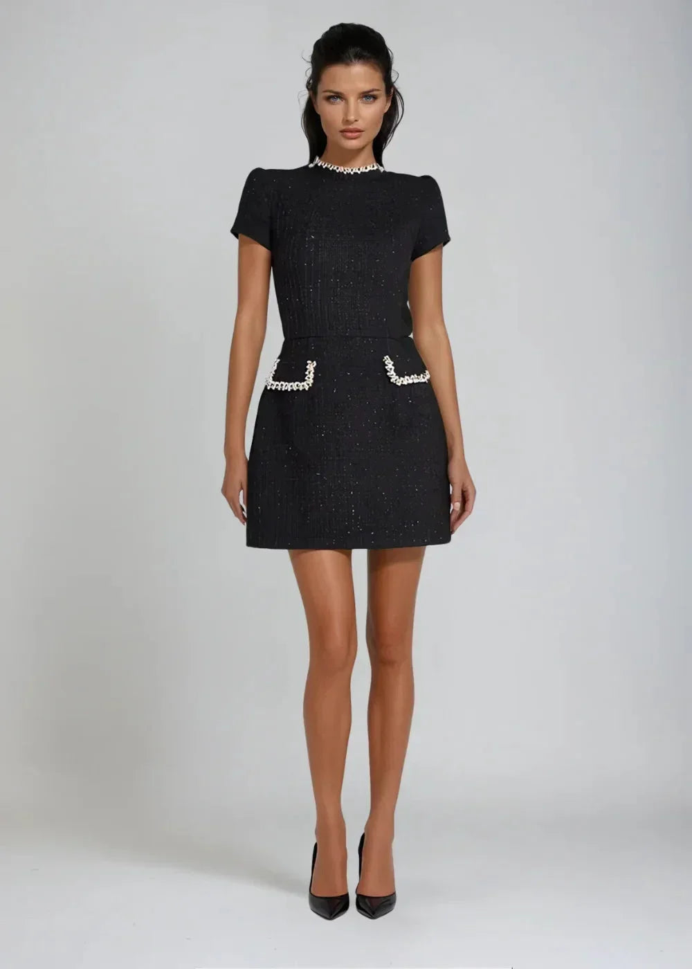 Marke Damenkleid mit Perlendetails und kurzen Ärmeln, figurbetontes Design — Image 3
