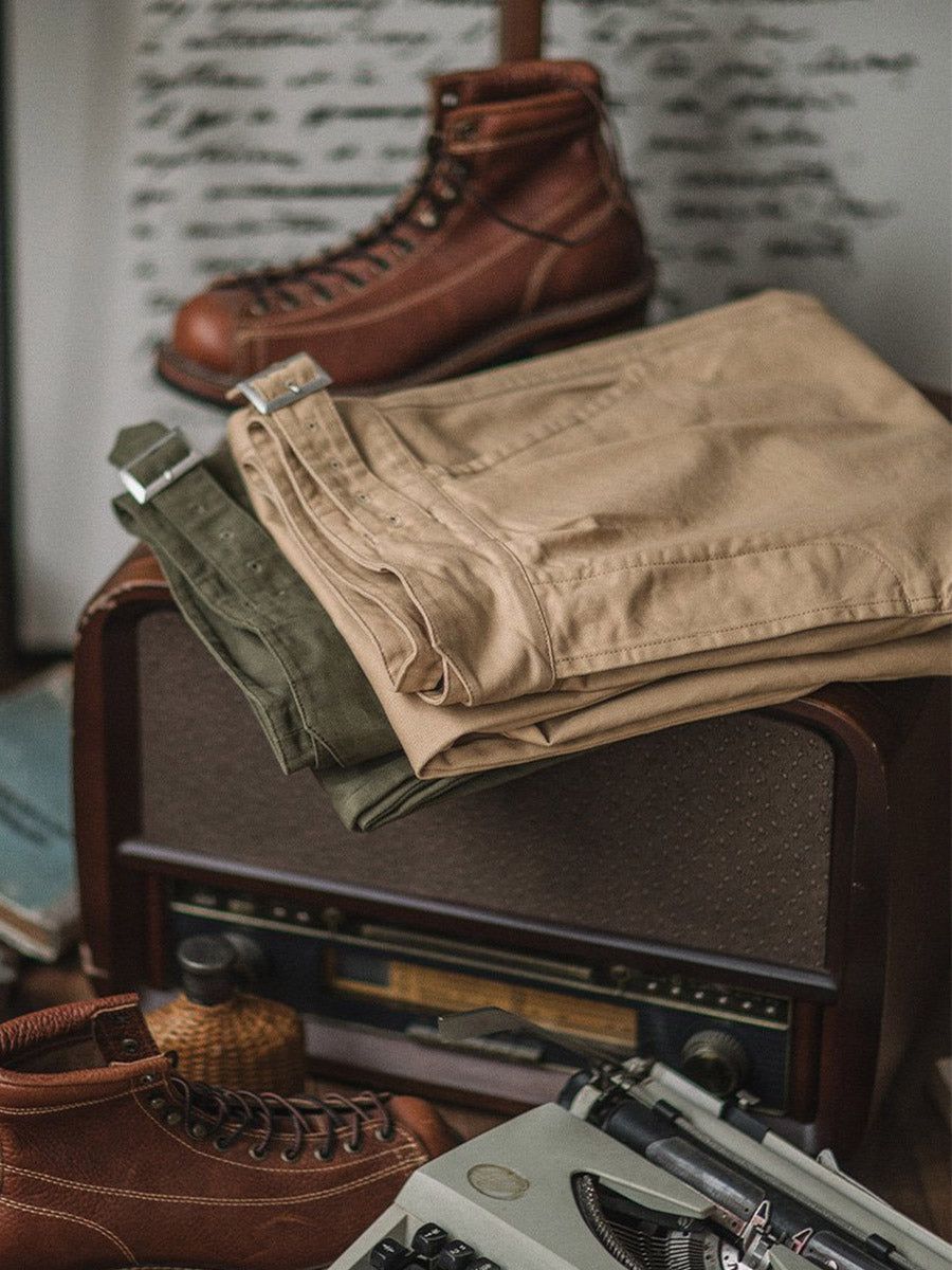 Vintage Stil Herren Arbeits Hose Baumwoll-Canvas Falten Hohe Taille Schnallenverschluss - Khaki / Grün Robuste — Image 10