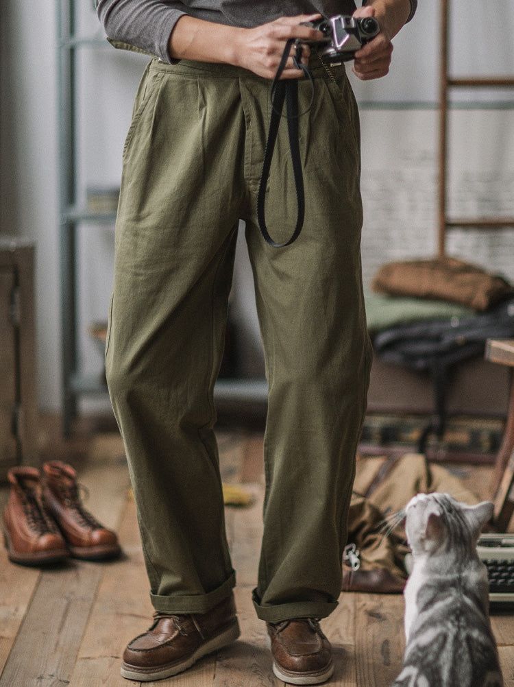 Vintage Stil Herren Arbeits Hose Baumwoll-Canvas Falten Hohe Taille Schnallenverschluss - Khaki / Grün Robuste — Image 13