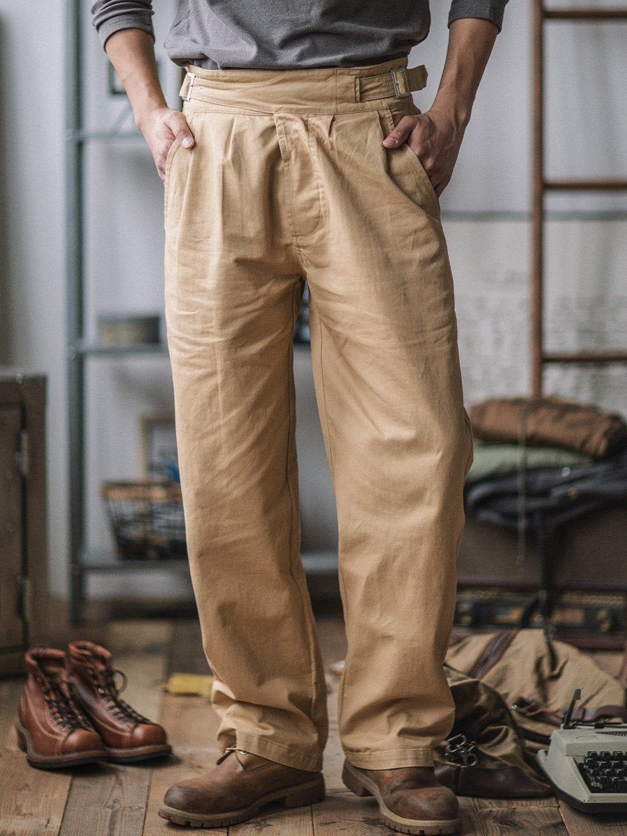 Vintage Stil Herren Arbeits Hose Baumwoll-Canvas Falten Hohe Taille Schnallenverschluss - Khaki / Grün Robuste — Image 14
