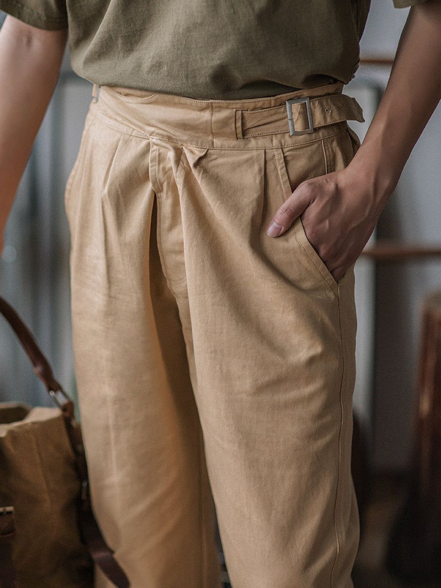 Vintage Stil Herren Arbeits Hose Baumwoll-Canvas Falten Hohe Taille Schnallenverschluss - Khaki / Grün Robuste — Image 5