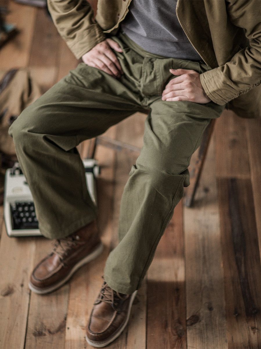 Vintage Stil Herren Arbeits Hose Baumwoll-Canvas Falten Hohe Taille Schnallenverschluss - Khaki / Grün Robuste — Image 6
