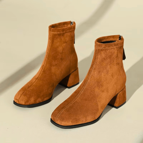 Damen Stiefeletten Wildlederoptik Blockabsatz Reißverschluss Braun Schwarz Beige — Main Image